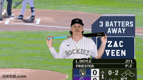 Rockies Baseball Player Holding Bat In Front Of 3 Batters Away Sign GIF