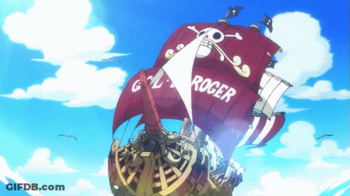 Roger Is Written On The Red Sail Of This Ship GIF