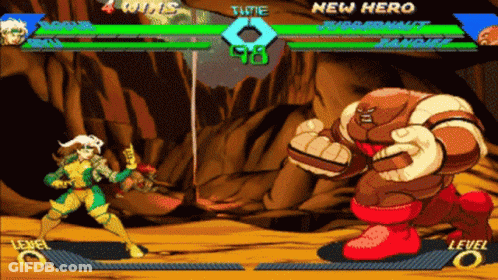 Rogue And Juggernaut Are Fighting In A Video Game With A Time Of 98 Seconds GIF