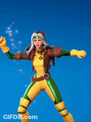 Rogue From The X-Men Is Standing On One Leg With Her Arms In The Air GIF