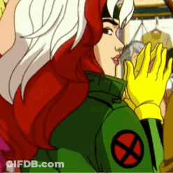 Rogue From The X-Men Is Wearing A Green Jacket With A Red X On It And Yellow Gloves . GIF