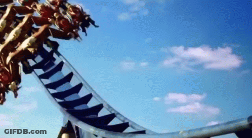 Roller Coaster Going Down Steep Hill With Blue Sky GIF