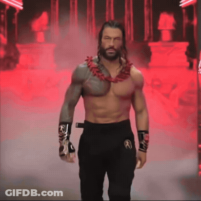 Roman Reigns Shirtless Wrestler With Lei In Hallway GIF