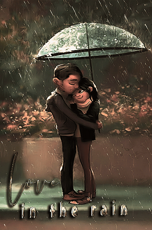 Romantic Couple Hugging Under Umbrella GIF
