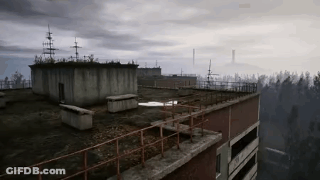 Rooftop With Railing And Fence Surrounded By Trees GIF