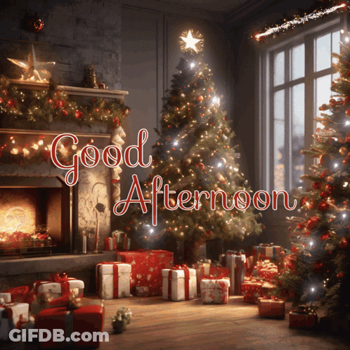 Room With Christmas Tree And Gifts Saying Good Afternoon GIF