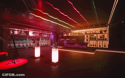 Room With Neon Sign Saying Time Machine GIF
