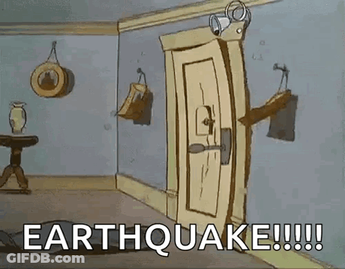 Room With Open Door Saying Earthquake !!! GIF