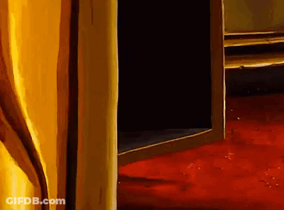 Room With Red Carpet And Yellow Curtain GIF