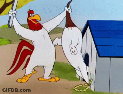 Rooster And Chicken Dancing In Front Of Doghouse GIF