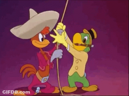 Rooster And Parrot Holding Rope GIF