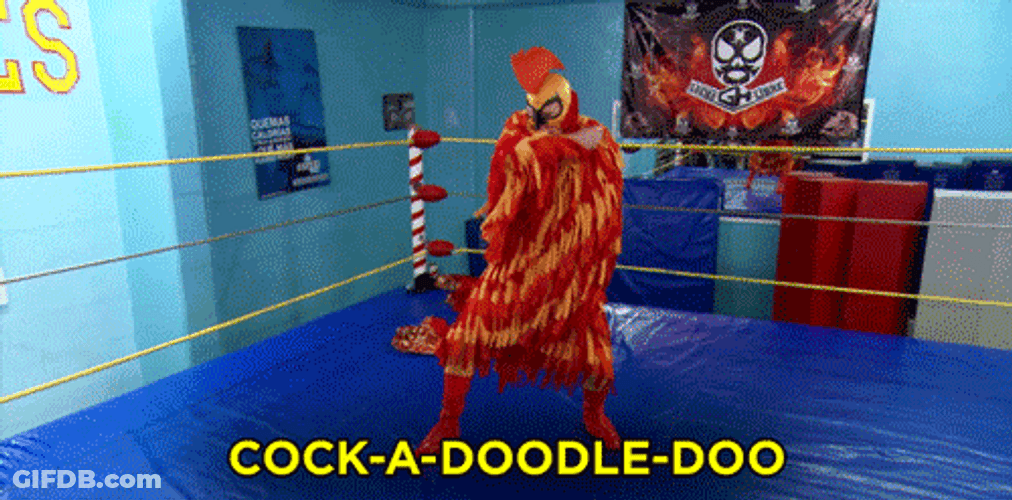 Rooster Crowing Man Mascot Costume GIF