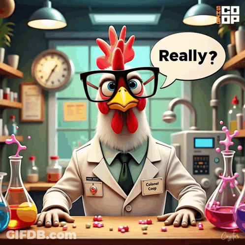 Rooster In Lab Coat Saying Really GIF