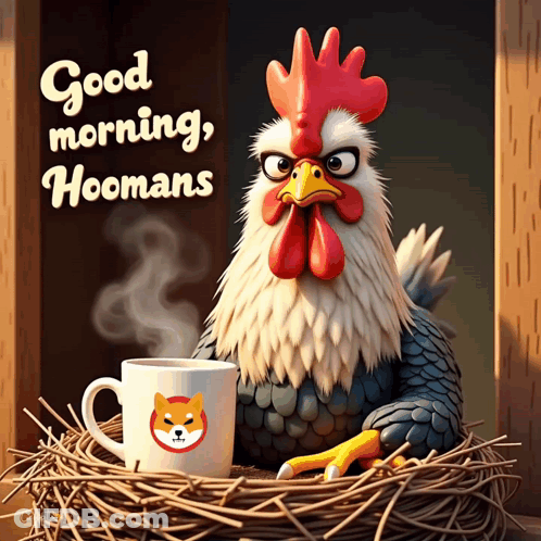 Rooster Sitting In Nest With Coffee GIF