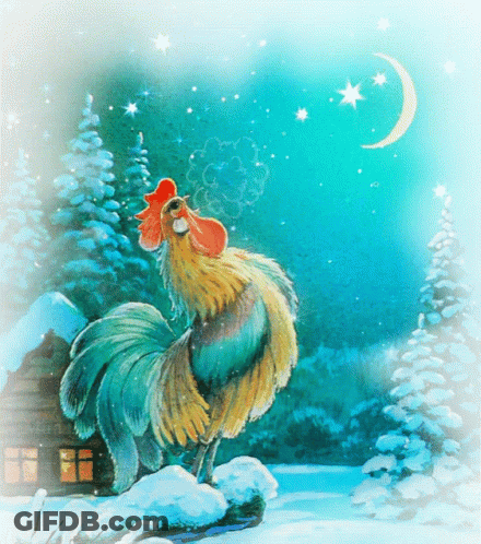 Rooster Standing In Snow In Front Of Cabin GIF