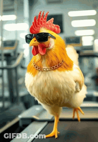 Rooster Wearing Sunglasses And Chain On Treadmill GIF
