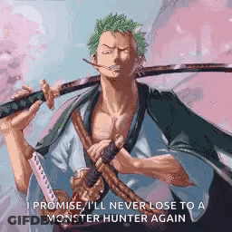 Roronoa Zoro From One Piece Is Holding A Sword And A Sword In His Hand . GIF