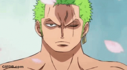 Roronoa Zoro Is Holding A Purple Knife In His Mouth . GIF