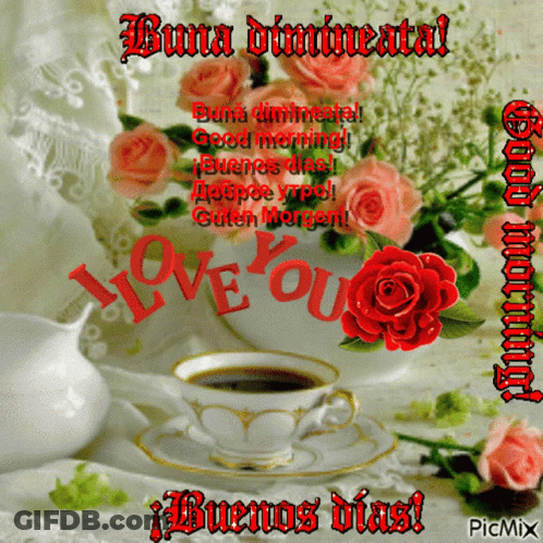 Roses And Coffee Cup Saying I Love You GIF