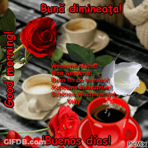 Roses And Coffee Cups With Buenos Dias GIF