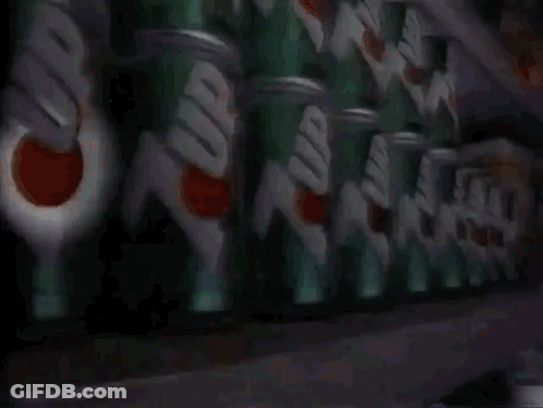 Row Of 7 Up Cans On Shelf GIF