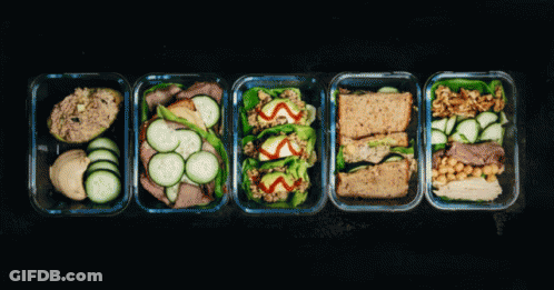 Row Of Glass Containers Filled With Food Labeled Sunday GIF