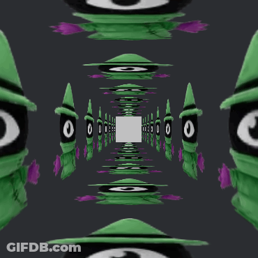Row Of Green Crayons With Black Eyes And Purple Flowers GIF