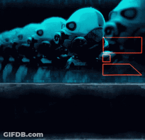 Row Of Robots Wearing Gas Masks With Letter B GIF