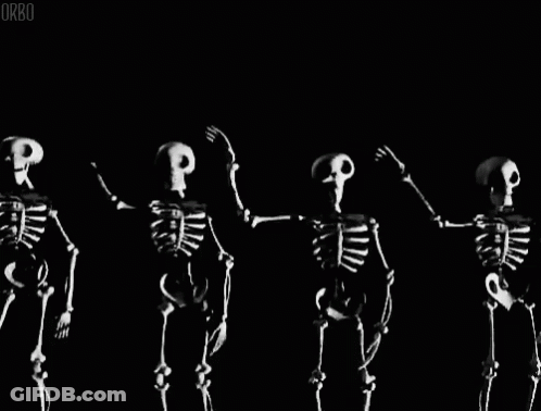 Row Of Skeletons Dancing Black And White GIF