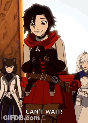 Ruby Rose From Rwby Is Smiling While Holding A Gun And Says " Can T Wait " GIF