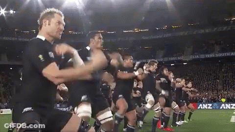 Rugby Players Performing Haka On Field With ANZ GIF