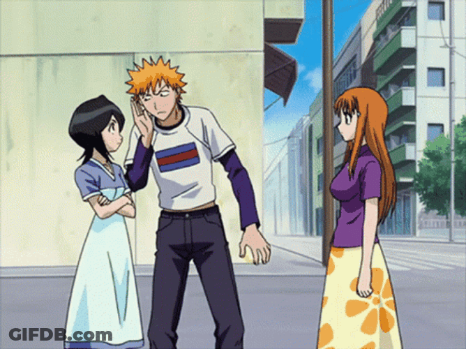 Rukia And Ichigo With Orihime Talking GIF