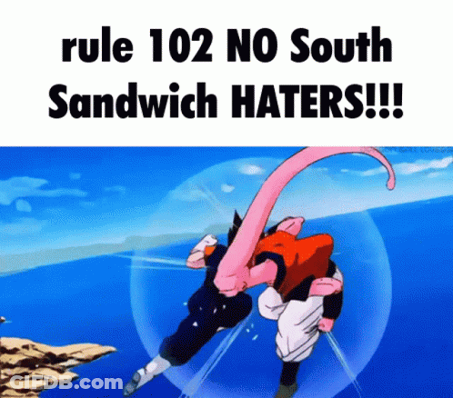 Rule 102 No South Sandwich Haters On Blue And White Background GIF