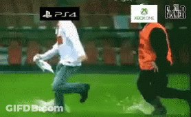 Running Man With PS4 Xbox One Logos On Head GIF