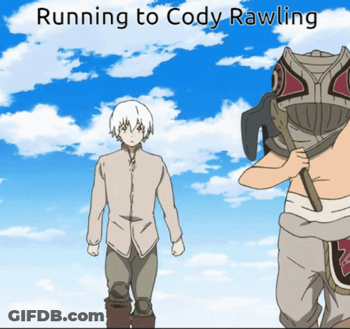 Running To Cody Rawling Is Written On A Blue Sky Background GIF