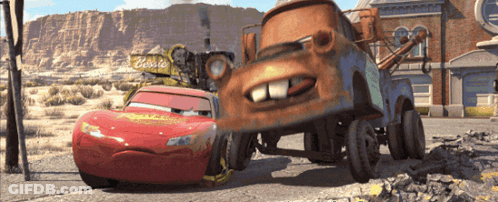Rusty Tow Truck Pulling Red Lightning McQueen GIF