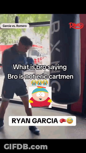 Ryan Garcia Boxing In Front Of Punching Bag With Cartman Picture GIF