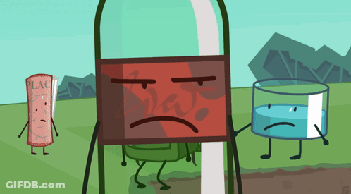 Sad Cartoon Character Standing Next To Bottle And Glass Of Water GIF