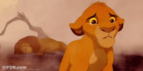 Sad Lion Cub Standing Next To Sleeping Lion GIF