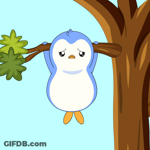 Sad Penguin Hanging From Tree Branch GIF