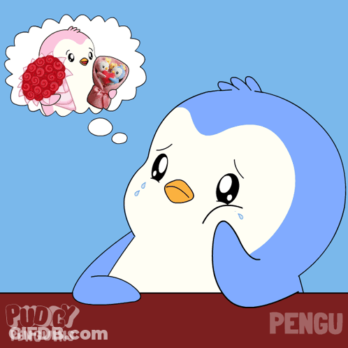 Sad Penguin Sitting At Table Saying Pengu GIF