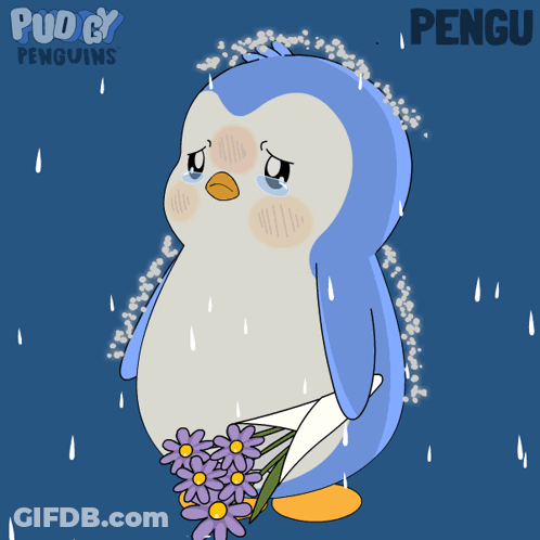 Sad Penguin With Purple Flowers In Rain Pengu GIF