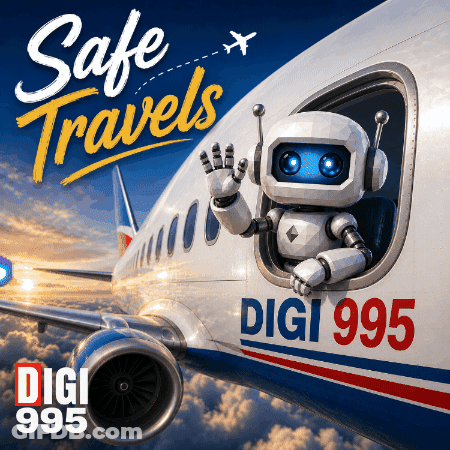 Safe Travels Poster With Robot On Airplane GIF