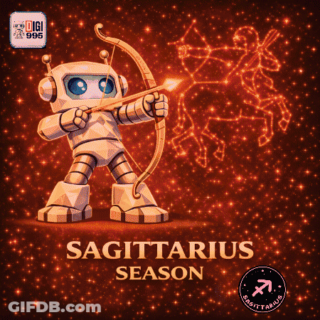 Sagittarius Season Poster Robot Holding Bow GIF