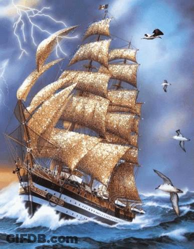 Sailboat In Ocean With Birds And Lightning GIF