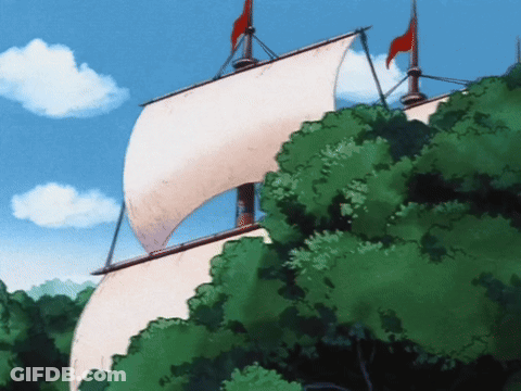 Sailboat With Red Flag Among Trees GIF