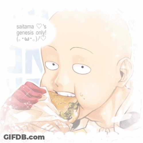 Saitama 'S Genesis Only Is Written In A White Speech Bubble Above A Bald Man GIF