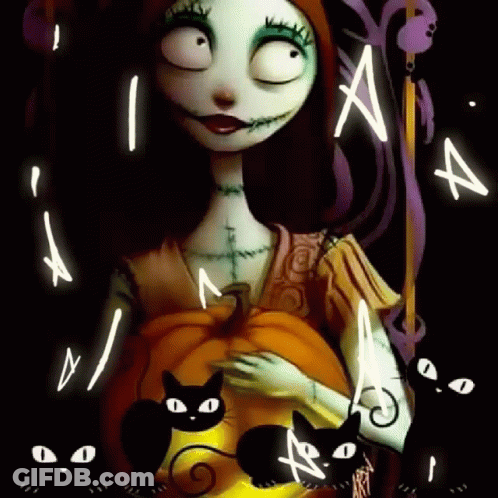 Sally From The Nightmare Before Christmas Is Holding A Pumpkin And Surrounded By Black Cats GIF