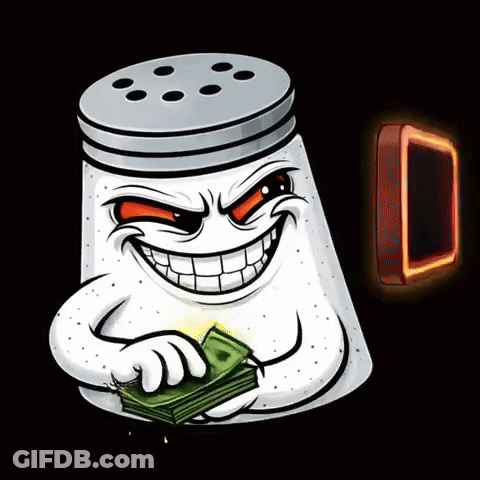 Salt Shaker Holding Money In Front Of Neon Sign Saying Wow I GIF