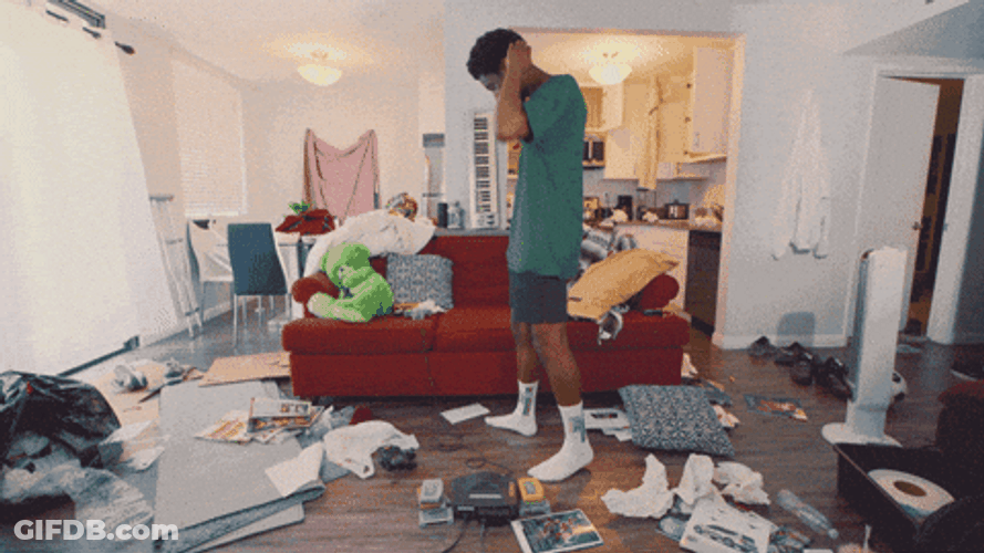 Samm Henshaw In Messy Living Room GIF